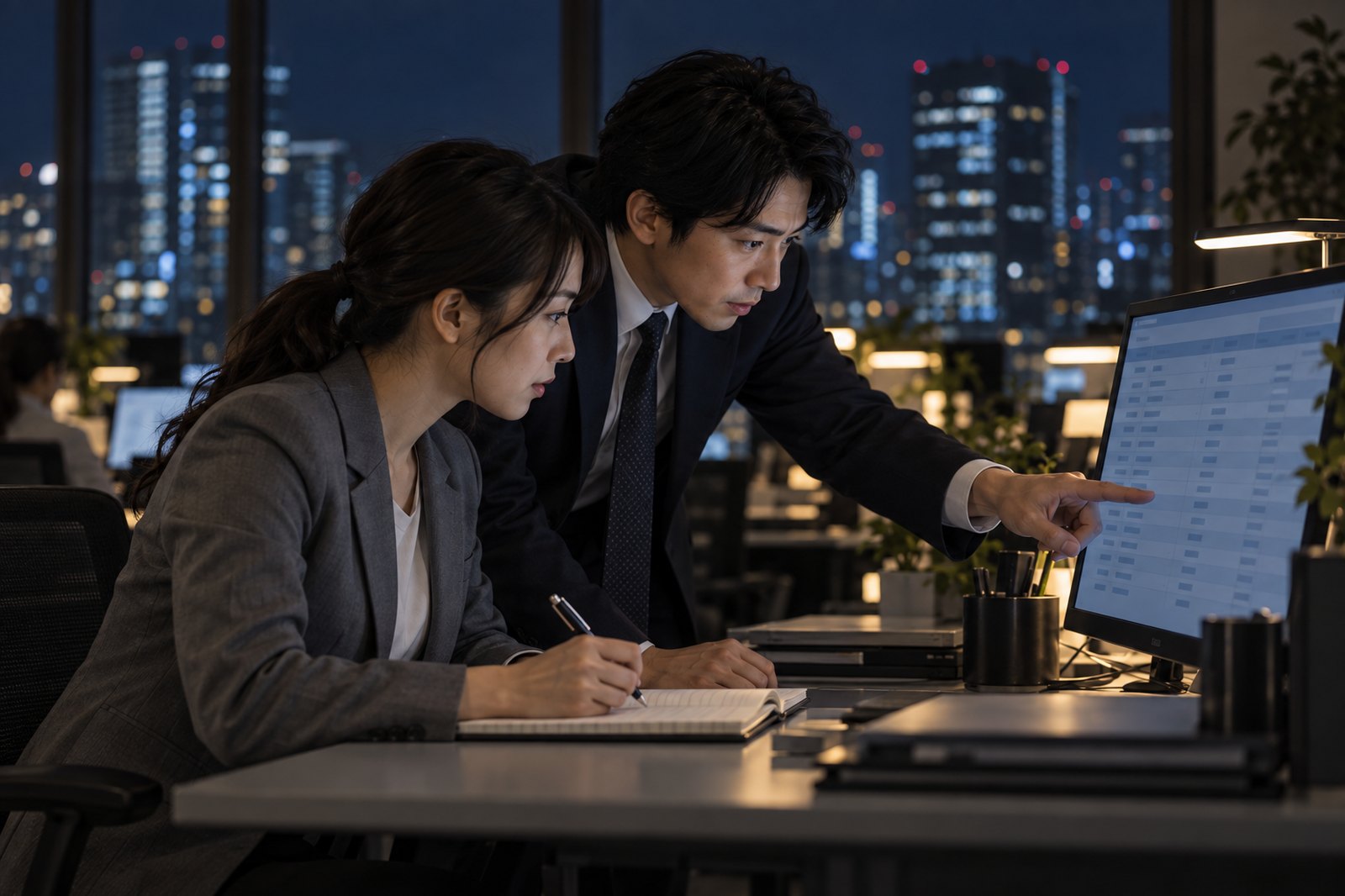 対象企業の一覧を2人で確認しているシーン